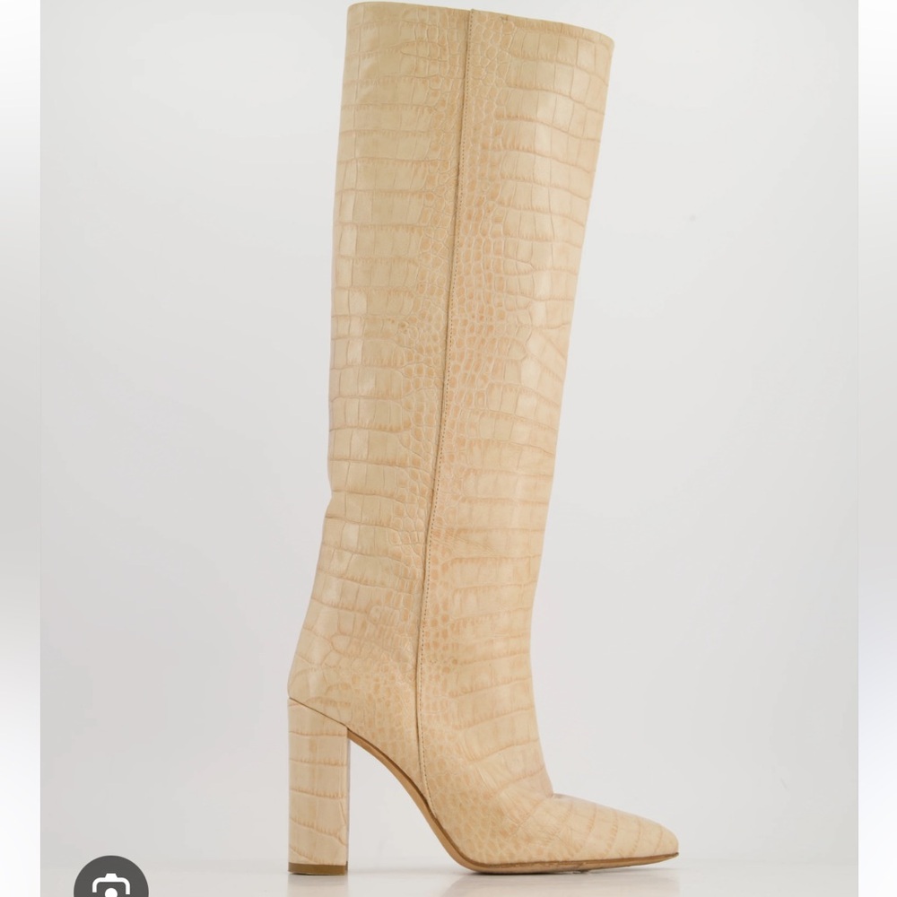 Paris Texas Beige Knee High Block Heel faux croc skin Boots